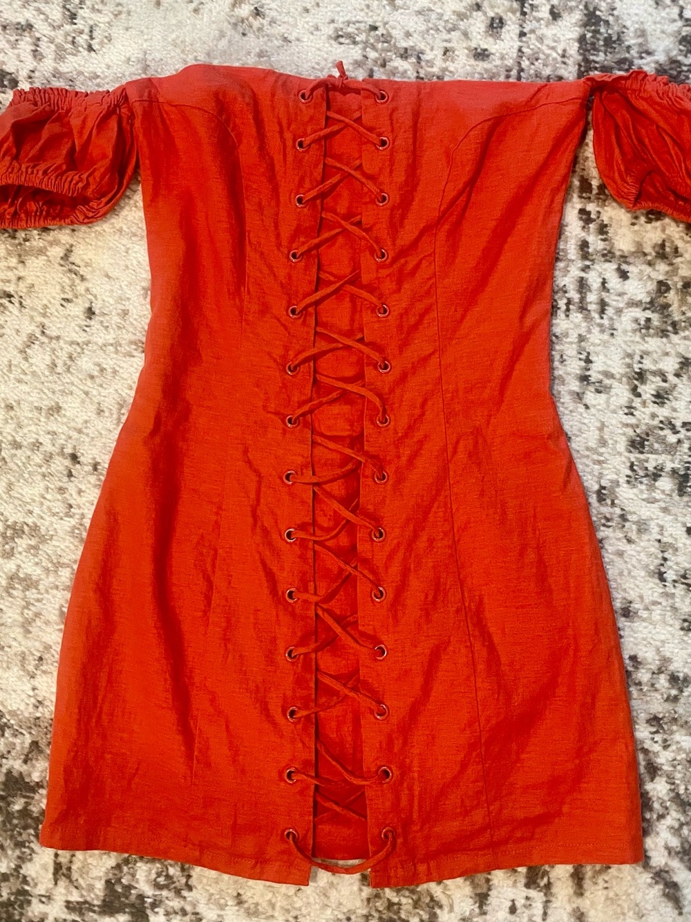 Linen Blend Off-Shoulder Orange-Red Lace-Up Mini Dress